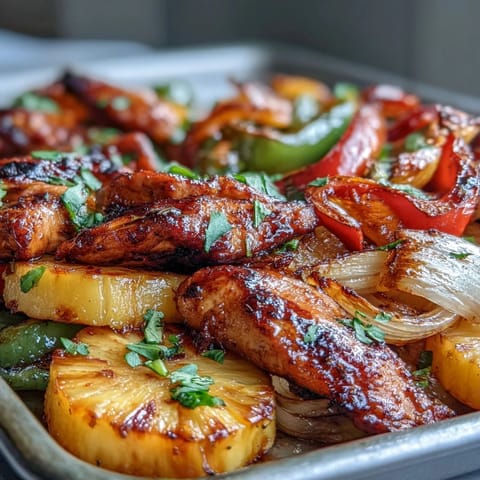 Tangy chicken fajitas featuring caramelized pineapple and tender bell peppers, all baked on one pan for a flavorful, fuss-free meal.