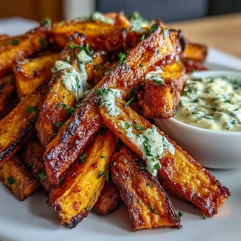 Crispy air fryer sweet potato fries served with creamy garlic aioli for dipping, perfect as a healthy snack or side dish.  
