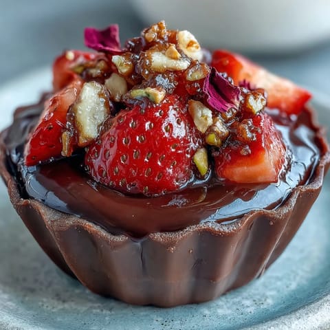 Luxurious Dubai chocolate strawberry cups with pistachio crunch, showcasing glossy dark chocolate shells filled with juicy strawberries and topped with golden caramelized nuts.