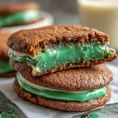 Sparkly St. Patricks Day Green Sugar Cookie Sandwiches with creamy vanilla frosting and green sparkling sugar coating.  