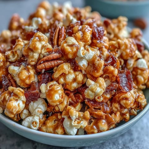 Sweet caramel popcorn mix with dried apples and candy pieces in a large bowl.  