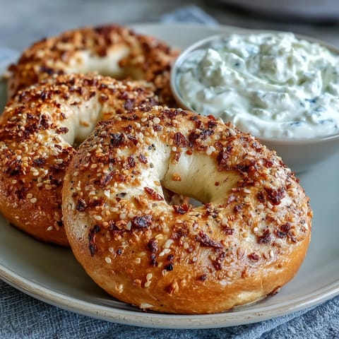 High-protein bagels with Greek yogurt everything dip, soft and chewy, served warm with creamy, herb-flecked dip for a protein-packed breakfast.  