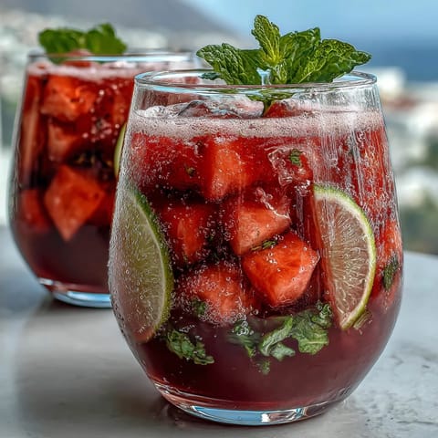 Refreshing watermelon lime punch with a splash of sparkling water, garnished with mint leaves and lime wedges for a festive look.