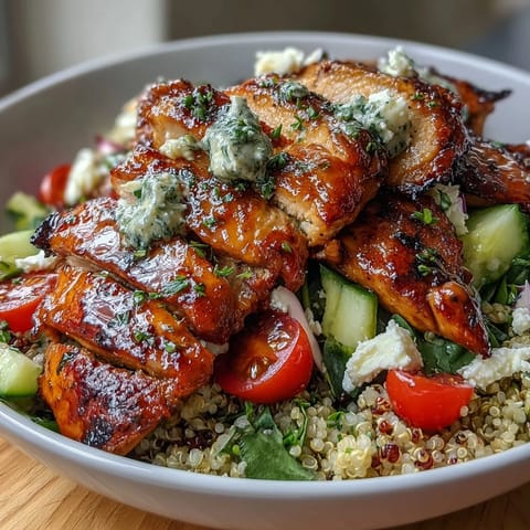 Grilled chicken and veggie bowl drizzled with zesty lemon vinaigrette for a fresh, healthy meal.  