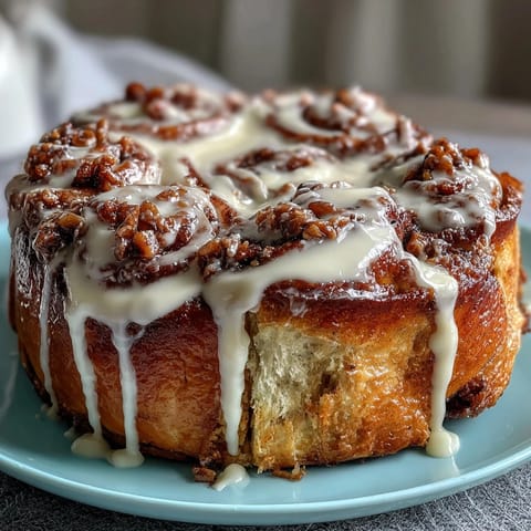 Warm cinnamon roll pancake casserole with cream cheese glaze, baked golden and drizzled with rich vanilla icing.