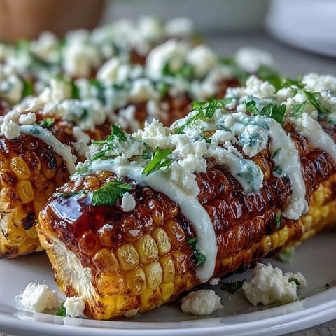 Vibrant elote-style corn on the cob topped with creamy sauce, Cotija cheese, chili powder, and fresh cilantro.