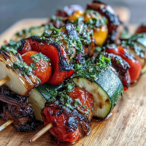 Vibrant grilled vegetable skewers with summer produce, served with a zesty chimichurri sauce for a fresh, healthy meal.