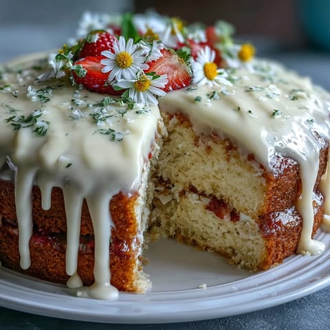 A beautiful floral drip cake with strawberry frosting, topped with edible flowers and fresh strawberries, perfect for spring celebrations.