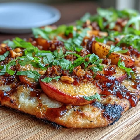 Juicy grilled peaches and creamy Brie melt together on crispy flatbread, finished with fresh basil and honey drizzle.  