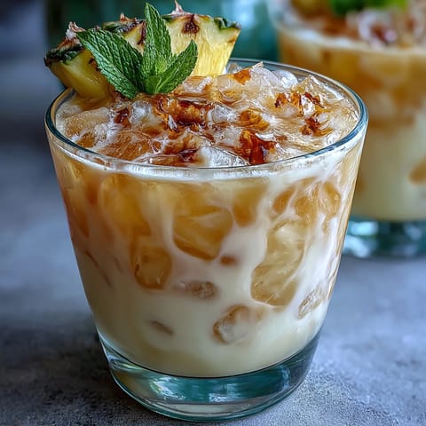 Pineapple Coconut Agua Fresca in a clear pitcher with ice cubes and fresh mint garnish, vibrant tropical colors inviting you to sip.