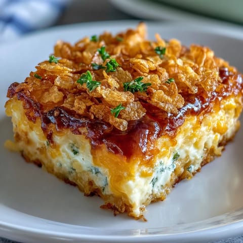 A bubbling cheesy hash brown casserole with a golden cornflake topping, baked until hot and creamy.