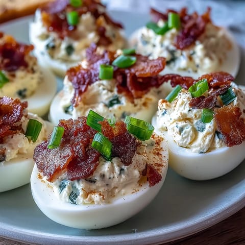 Spicy jalapeño popper deviled eggs with cream cheese, bacon, and jalapeño garnish on a white platter.