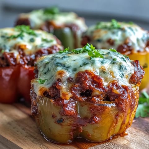 Four colorful baked bell peppers filled with hearty chili mac and topped with bubbly, golden cheddar cheese.