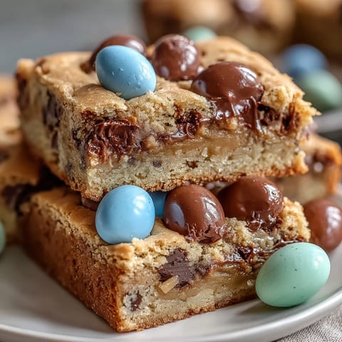1. Soft and chewy peanut butter Easter egg cookie bars with colorful candies and chocolate chips.