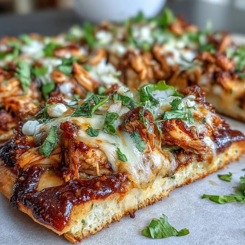 Golden BBQ chicken flatbread pizza loaded with cheese, fresh cilantro, and jalapeños for a zesty flavor.  