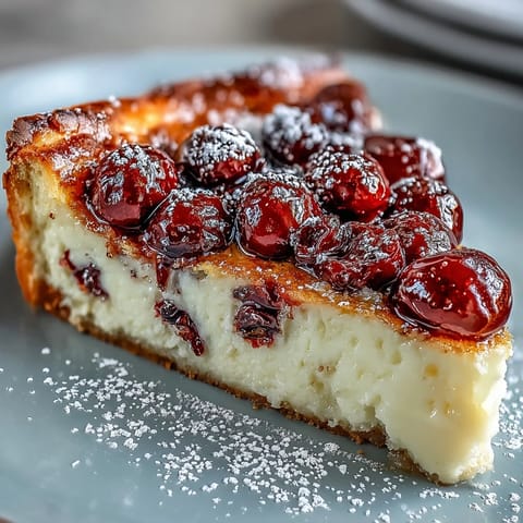Fresh cherry clafoutis with vanilla bean custard baked to golden perfection, showcasing juicy cherries in a rustic French dessert.