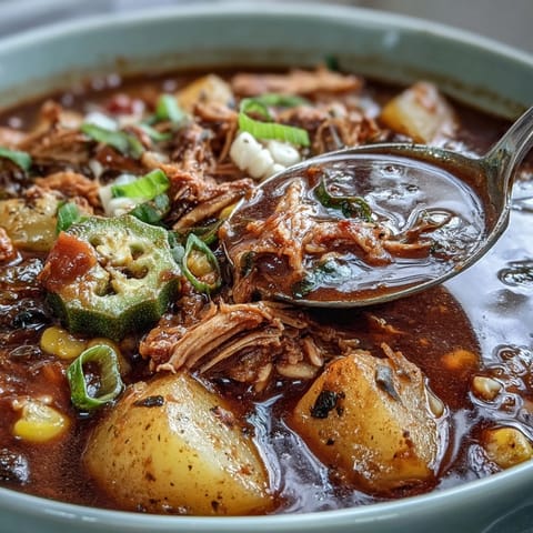 Hearty Kentucky Derby Burgoo Stew with tender meats and vegetables in a savory broth, perfect for festive gatherings.  