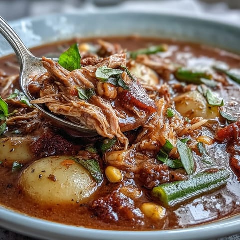 Rich and smoky Kentucky Derby Burgoo, a Southern classic slow-simmered with beef, pork, chicken, and seasonal vegetables.  