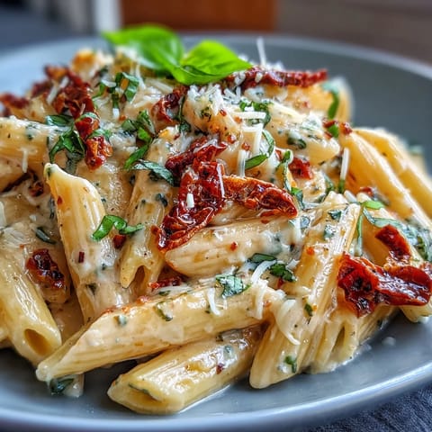 Creamy Marry Me Pasta with sun-dried tomatoes and parmesan in a rich, velvety sauce, garnished with fresh basil.