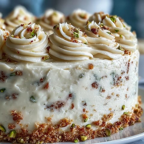 Layered lemon pistachio cake with zesty sponge, creamy frosting, and crunchy pistachios for a festive spring birthday treat.