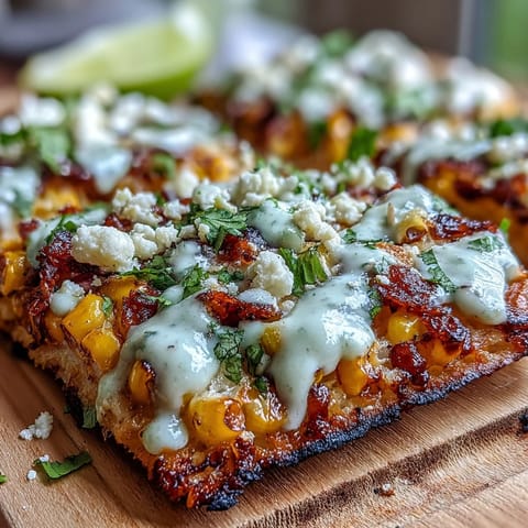 Festive Cinco de Mayo street corn flatbread with charred corn, cotija cheese, and jalapeño crema, perfect for celebrations.