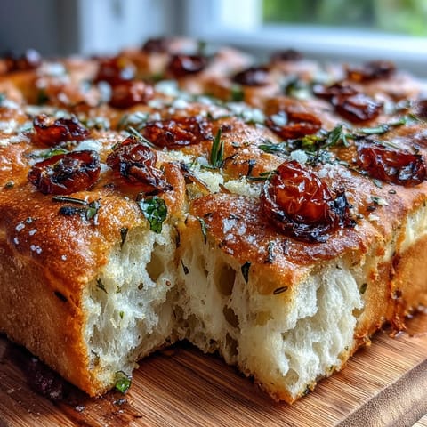 Golden Spring Herb Focaccia with fresh rosemary, thyme, and juicy cherry tomatoes, baked to perfection with a crispy golden crust and fluffy interior.
