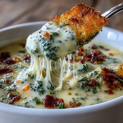 A creamy bowl of broccoli cheddar soup with tender broccoli florets and melted sharp cheddar, served steaming hot in a rustic bowl.  