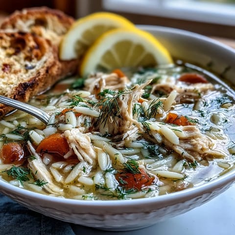 Creamy Greek lemon chicken soup with tender shredded chicken, orzo pasta, and a bright, tangy egg-lemon broth.  