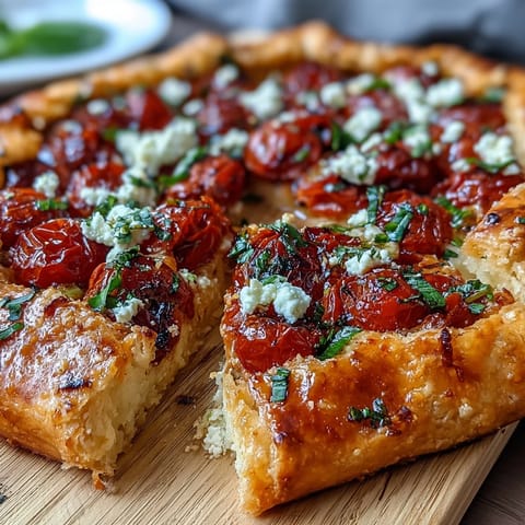 Rustic galette overflowing with sweet roasted cherry tomatoes and creamy feta.