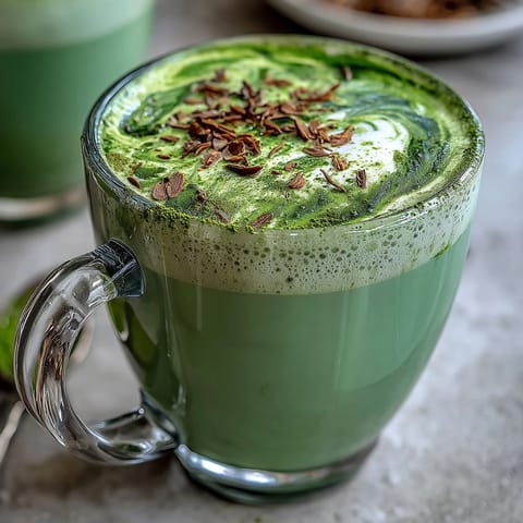 Close-up of a frothy Matcha Oat Milk Latte, smooth and refreshing, perfect morning drink.