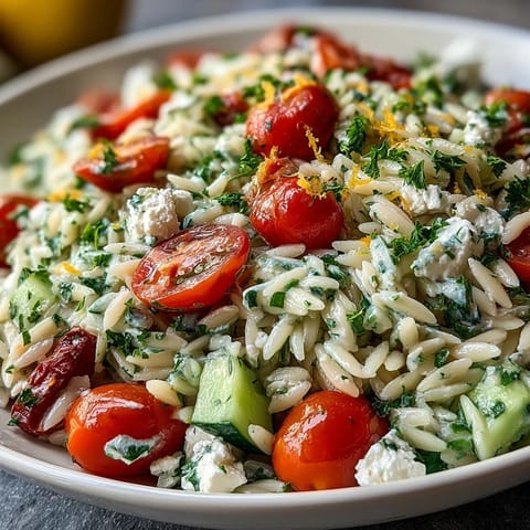 Refreshing Summer Orzo Salad with Feta, bursting with lemon and crisp vegetables.