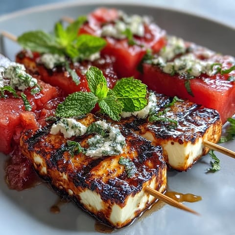 Grilled Halloumi and Watermelon Skewers with Mint, showcasing golden cheese and red fruit.