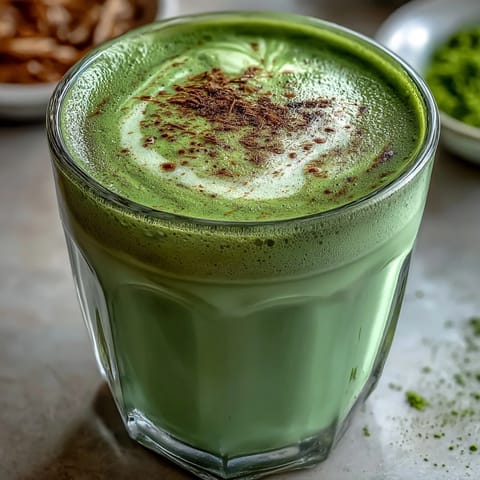 Vibrantly green Matcha Oat Milk Latte, creamy, frothy, and naturally delicious.