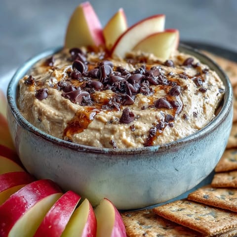 No-bake chickpea cookie dough dip topped with rich chocolate chips.