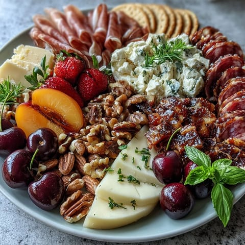 Vibrant summer charcuterie board with fresh fruit and honey, perfect for parties.