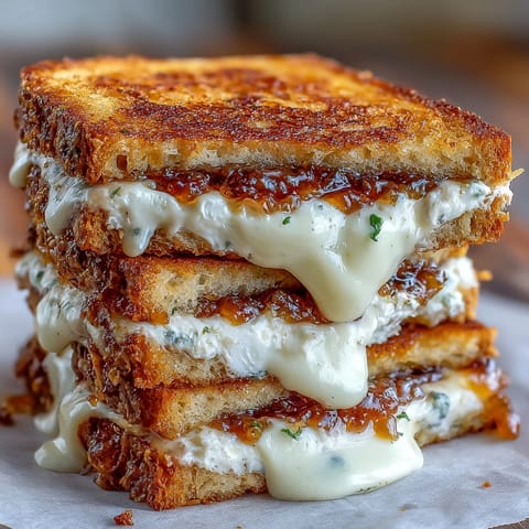 Golden fig jam and goat cheese grilled cheese sandwich, perfectly melted and toasted.