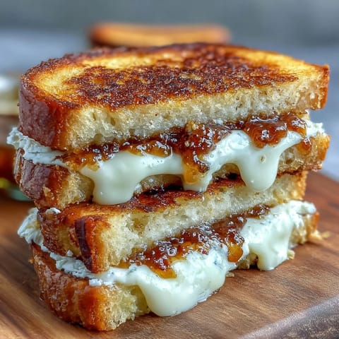 Gourmet grilled cheese with sweet fig jam and creamy goat cheese, ready to eat.