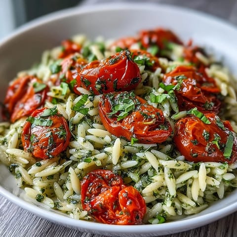 A vibrant Pesto Orzo with Cherry Tomatoes, glistening with olive oil and cheese.