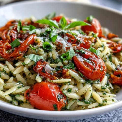 Bright red cherry tomatoes dot this creamy Pesto Orzo, a quick and flavorful meal.
