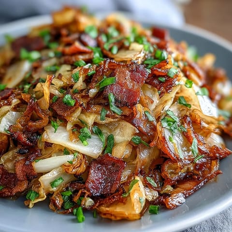 Golden sautéed cabbage, bacon, and onions glistening in a skillet.