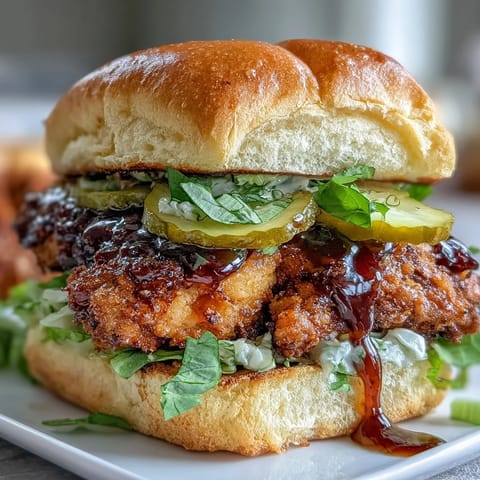 Crispy hot honey chicken sandwich, golden brown with pickles, ready to enjoy!