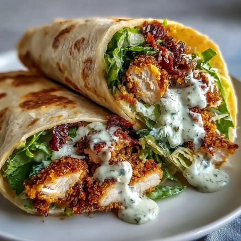 Golden crispy chicken Caesar wraps bursting with fresh romaine and creamy dressing.