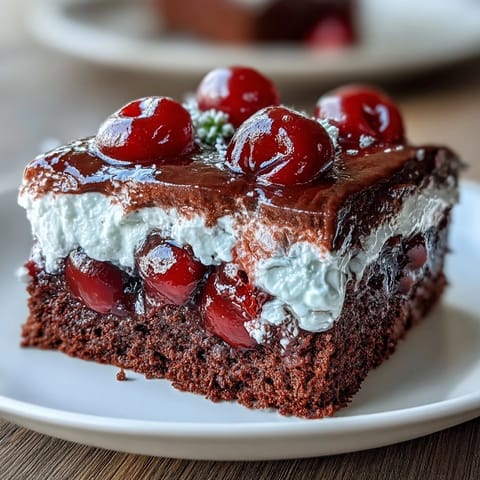 Moist chocolate cake infused with cherry cola Jello, perfect for dessert.