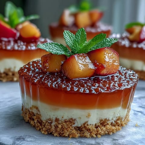 Elegant Peach Bellini Jello Cheesecake Cups with fresh peach garnish.