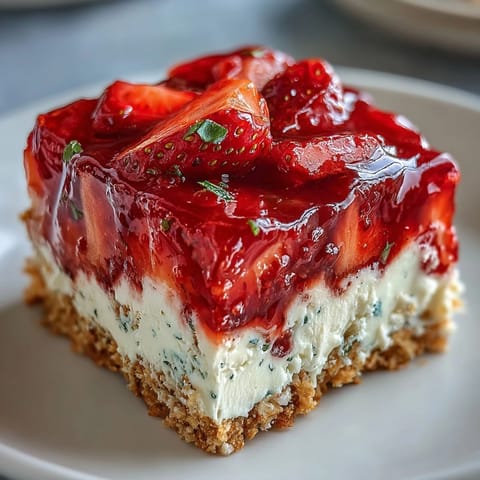 Pistachio Strawberry Pretzel Jello Salad showcasing vibrant layers of fruit and cream.