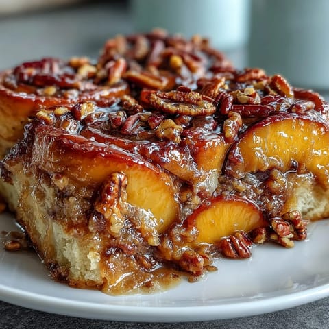 Gooey Peach Cobbler Cinnamon Roll Casserole with warm, spiced peaches and sweet icing.