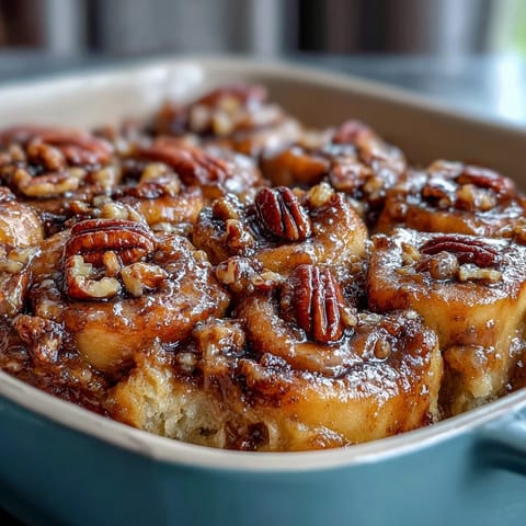 Golden brown Peach Cobbler Cinnamon Roll Casserole, perfect for a decadent brunch.