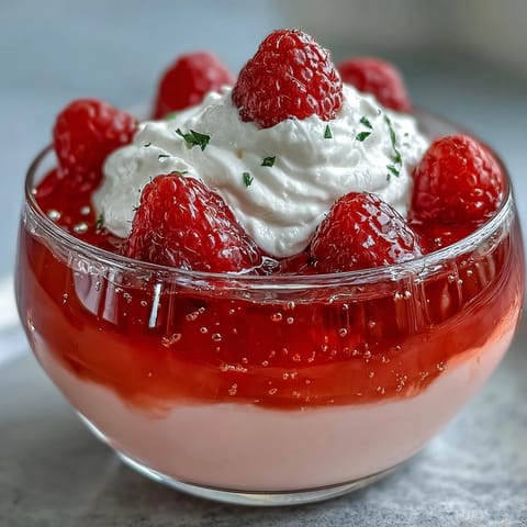 Gorgeous Raspberry Rose Jello Parfait layers glistening fruit and creamy yogurt.