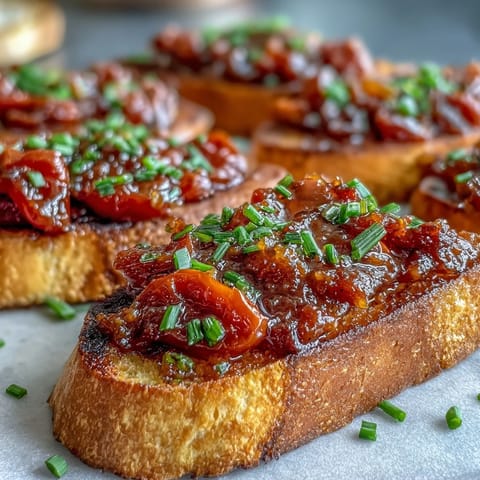 Savor these delicious Brown Sugar Tomato Bacon Jam Toasts, garnished with fresh green herbs.