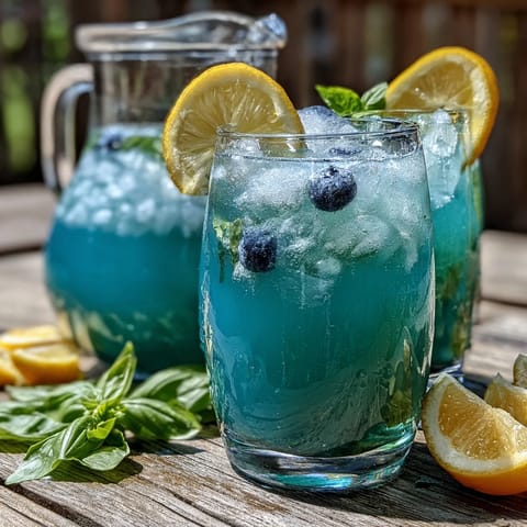 Vibrant blueberry lemon basil lemonade served over ice with fresh basil garnish.